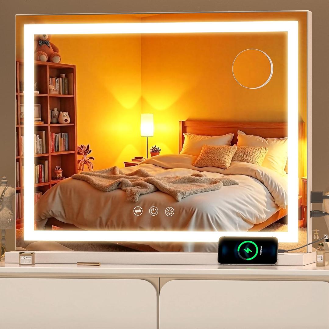 Vanity Mirror with Lights, 23" x 18" LED Makeup Mirror with 10X Magnification, Dimmable 3 Modes, Memory Function, Smart Touch, USB Charging Port, Lighted Makeup Mirror Square White