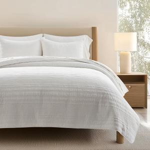 EVERGRACEHOME 100% Cotton Modern Lines Quilt Set King Size, Pre-Washed Soft Striped Coverlet Bedspread, 3 Piece Lightweight Bedding Set for All Season, with 2 Pillow Shams, Bright White