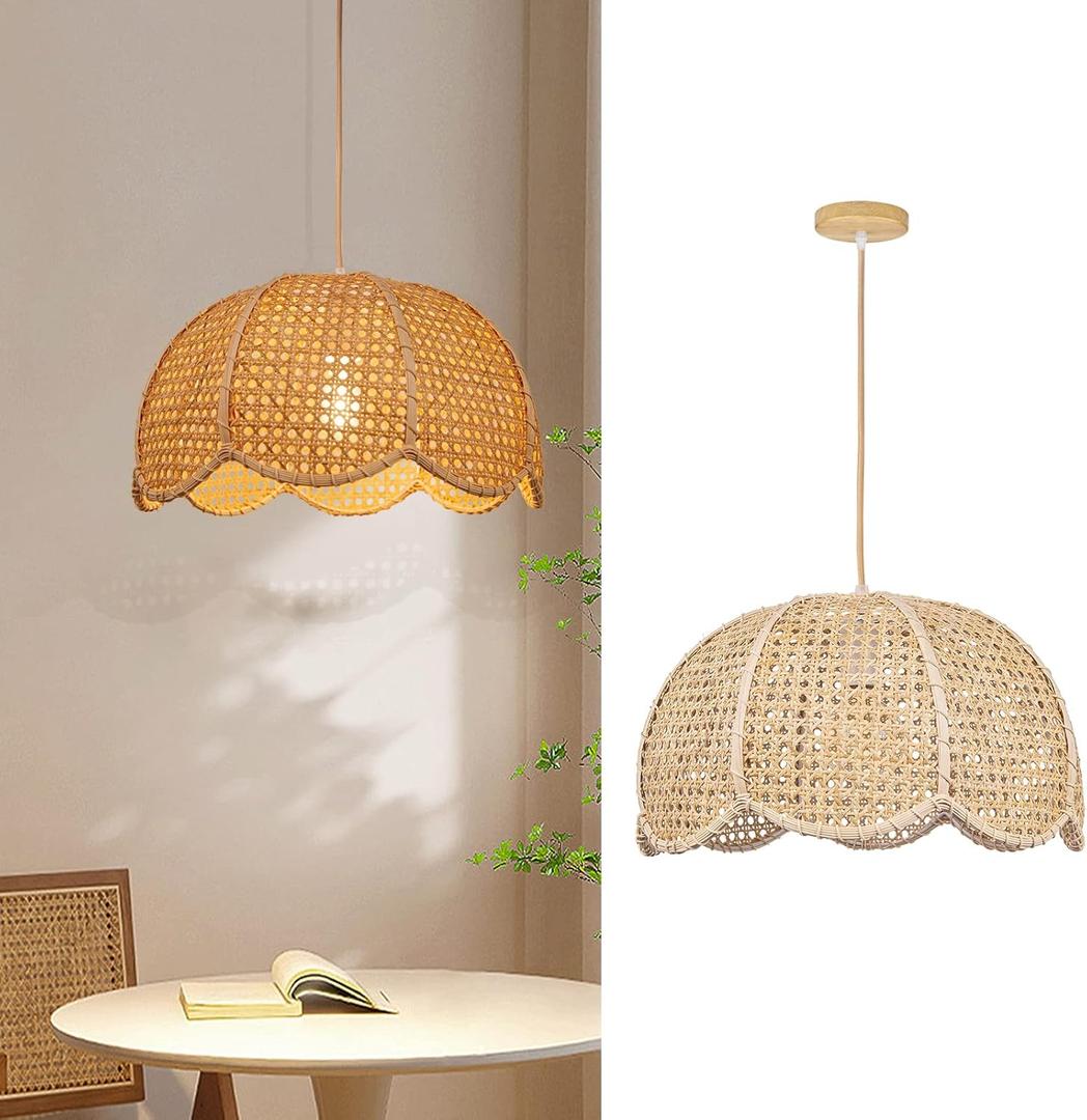 Arturesthome Indoor Hanging Ceiling Light Fixture, Hand Woven Vintage Lotus Flower Pendant Lamp Chandelier for Kitchen Living Room Bedroom D 15.7x9.8