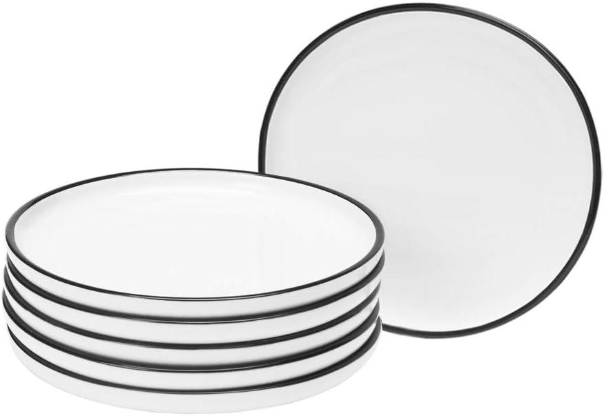 BonNoces 6-inch Small Porcelain Appetizer Plates, White with Black Edges Dinner Side Dishes Serving Plate, Dessert, Salad, Snacks Plate, Set of 6 (6-Inch)