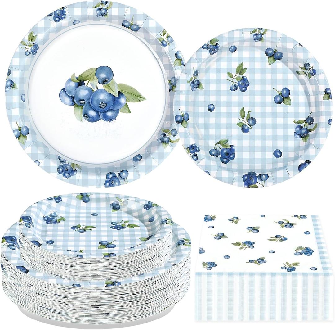 200Pcs Blueberry Party Decorations Blueberry Themed Plates and Napkins Blue and White Fruit Disposable Tableware Set for Birthday Picnic Tea Baby Shower Party Supplies Serves 50