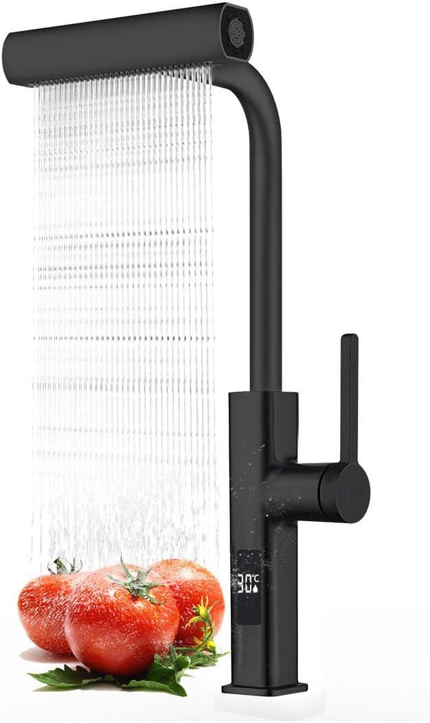 Black Kitchen Faucet with Pull Down Sprayer, Waterfall Pull Out Kitchen Faucet with Temperature(Batteries-Free), 4 Mode Faucet & 360 Swivel Spout, Single Handle Faucet for 1 Hole Sink