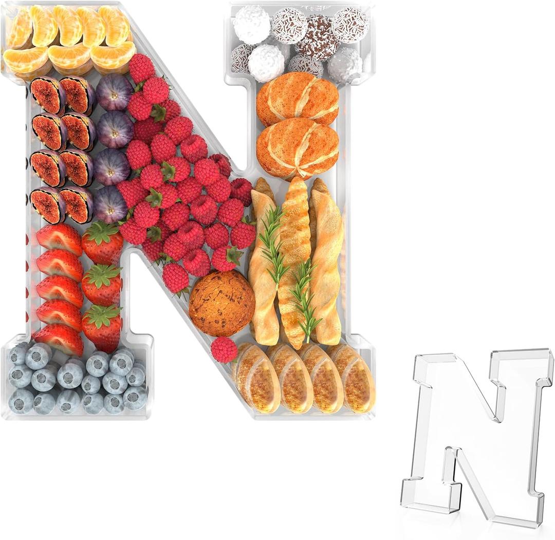 11" Acrylic Letter Charcuterie Tray, Charcuterie Letters Fillable Box for Food, Reusable Serving Cake Candy Dish Display Tray for Birthday Anniversary Party Decoration (Letter N)
