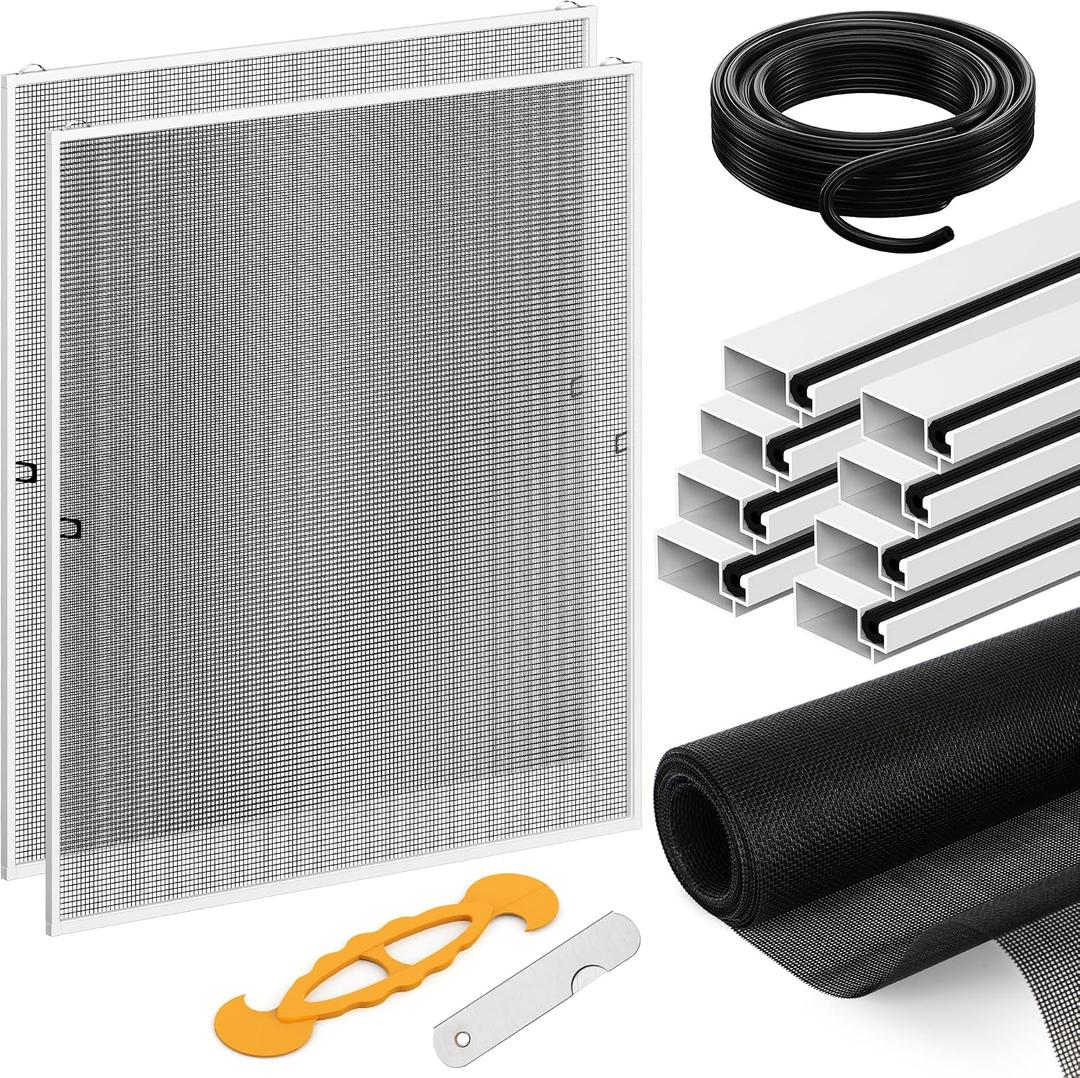 DIY Window Screen Frame Kit 2 Pack, Cut-to-Size 46" Aluminum Frame with Heavy Duty 46"x99" Mesh for Window Screen Replacement, Includes All Tools & Hardware for Windows, Patio, Porch, White