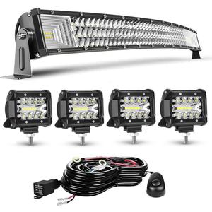 LED Light Bar Kits - 32IN Curved 405W Spot Flood Combo Beam, 4PCS 4inch 60W Led Pod Lights with Wiring Harness for Car Accessories Pickup SUV ATV UTV Boat Snowplow Lights