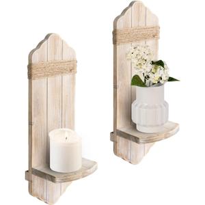 Wall Candle Sconces Set of Two, Rustic Washable White Wood Wall Candle Holder Decor, Farmhouse Wooden Candle Holder Decorations for Fireplace, Hallway, Living Room, Bedroom