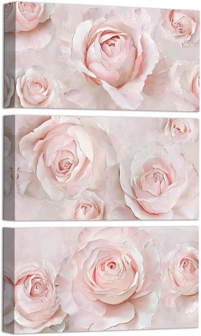 WELMECO Flower Wall Art Rose Painting Floral Pictures Bathroom Wall Decor Teen Girl Bedroom Decor Framed 8x16inchx3Pieces (Pink)