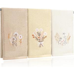 Tingjoo 3 Pcs Neutral Boho Flowers Hand Towels Farmhouse Floral Taupe Pale Orange Wildflowers Bath Towels Washable Soft 14x29 Inch Embroidered Boho Cotton Decorative Decor for Bathroom Kitchen