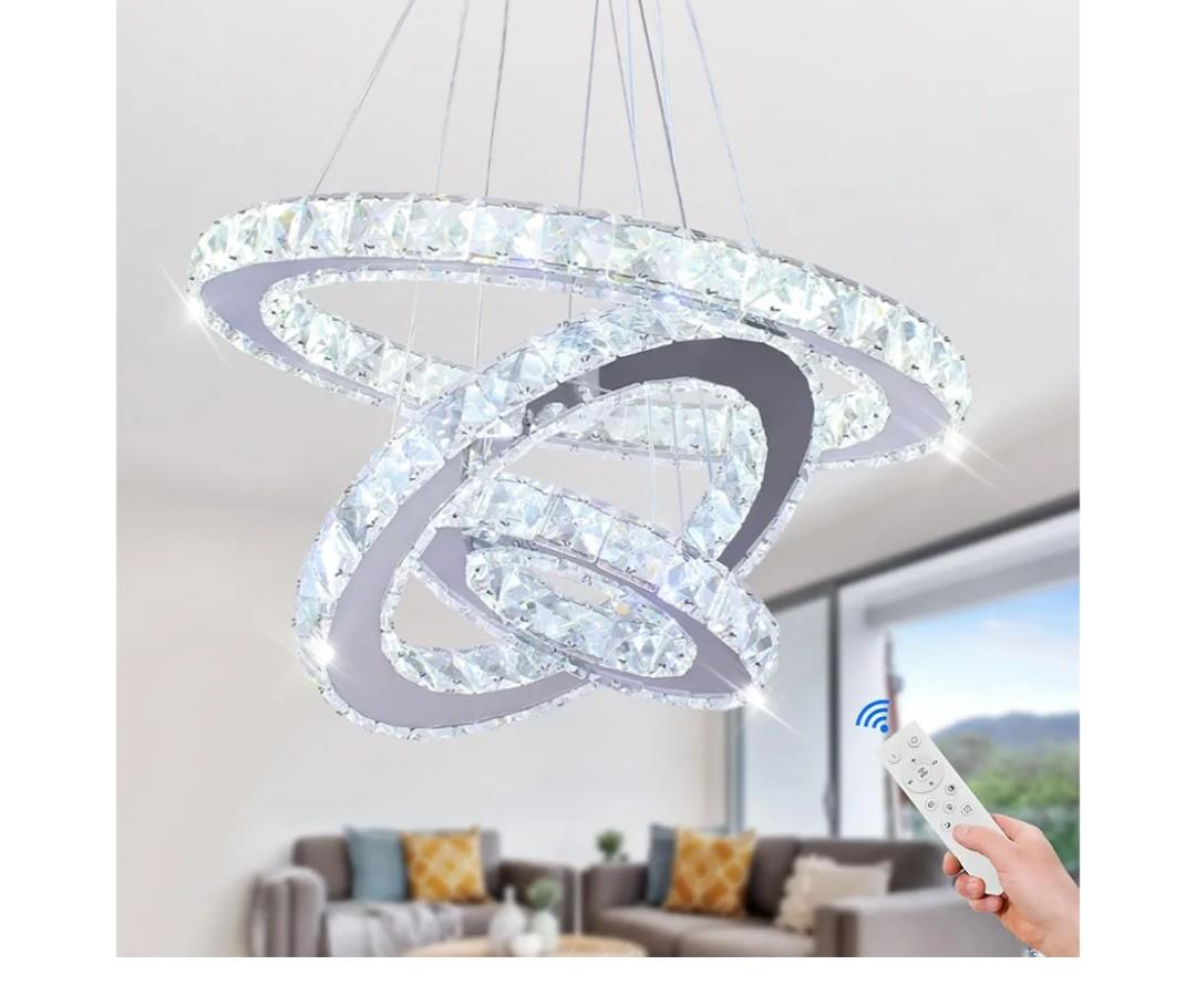 Chandelier LED Crystal Chandelier Lighting Dimmable LED Chandeliers Modern Ceiling Light Fixture 3 Rings Adjustable Stainless Steel Pendant Light for Bedrooms Living Room