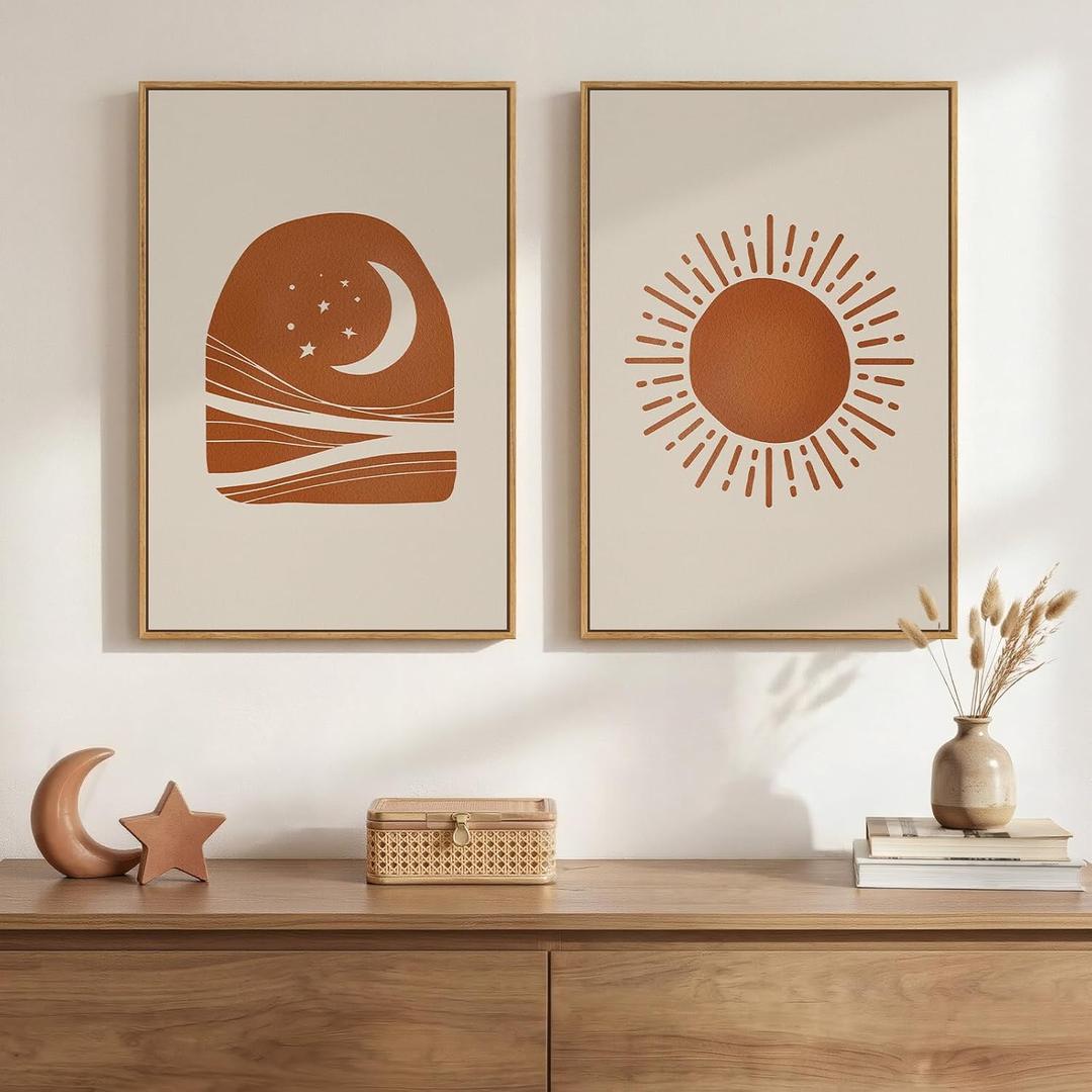 Framed Abstract Boho Mid Century Modern Canvas Wall Art Bedroom, 16x24 Inch, 16" W x 24" H x 2Pcs