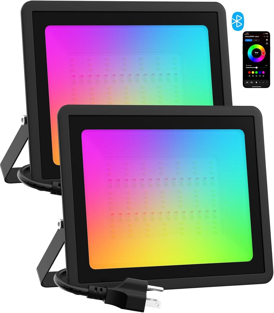 Meloght Led Flood Light Outdoor 800W Equiv, 100W RGBW Color Changing Floodlight Bluetooth Mesh APP Control, 2700K Landscape Uplighting Uplights Indoor Outdoor, IP66 DIY Scenes&Color, Timer, Music Sync