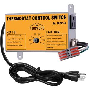 Attic Fan Thermostat Control with Socket & Wire Connector, Adjustable Plug-in Thermostat with Overload Protection, Dual-Fan Compatible Controller for Greenhouse, Workshop, Garage, Vent Fan (1 Pack)