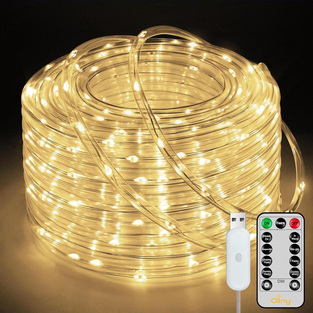 Ollny Rope Lights 33FT 100 LED, USB Power Warm White String Lights with Remote, 8 Modes IP68 Waterproof Timer Christmas Lights for Bedroom Indoor Wall Party Wedding Decor