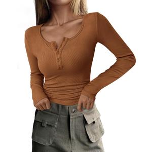 PRETTYGARDEN Women's 2026 Fall Long Sleeve Henley T Shirts Button Ribbed Knit Slim Fit Basic Tops Blouse Casual Outfits (Khaki, X-Large)