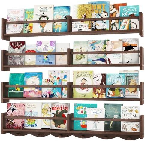 ECOOCE 34Inch Nursery Bookshelves,Set of 4,Wall Floating Shelf Kids Coat Rack with 6Hooks,Hanging Book Shelf for Baby Nursery Room Décor (Dark Brown, 34)
