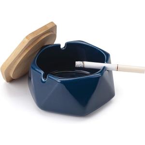 Ceramic Geometric Ashtray with Lid, Windproof Ceramic Ashtray for Indoor or Outdoor Use, Home Office Decoration, Dark Blue