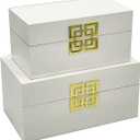 Galt International Large & Small Decorative Storage Box w/Hinged Lid - Classic Design Wood Decor Boxes with Geometric Opening Clasp - Home & Office Storage - Set of 2 (White + Gold)