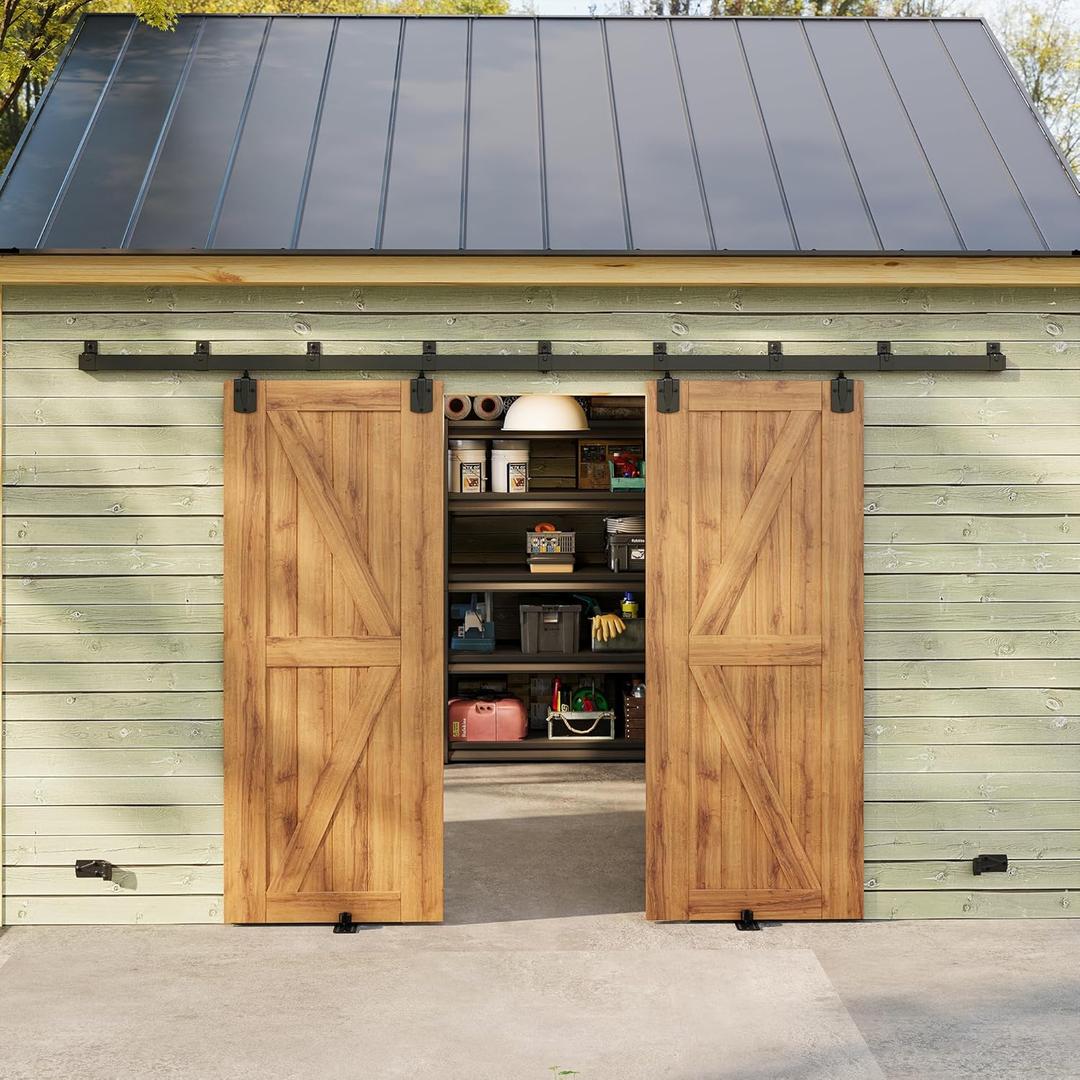 SmartStandard 12FT Exterior Sliding Barn Door Hardware Kit, Box Rail Barn Door Track Kit for Outdoor Use, 450lb Capacity Heavy Duty Wall Mount Kit, Fix Double 36" Door