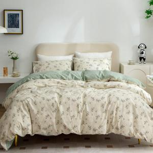 Floral Queen Comforter Set 3 Pieces Soft Chic Cotton Garden Style Green Floral Print Lightweight Botanical Flower Comforter Set for All Seasons 1 Comforter and 2 Pillowcases (Queen) (Queen(90" x 90"), Floral2)