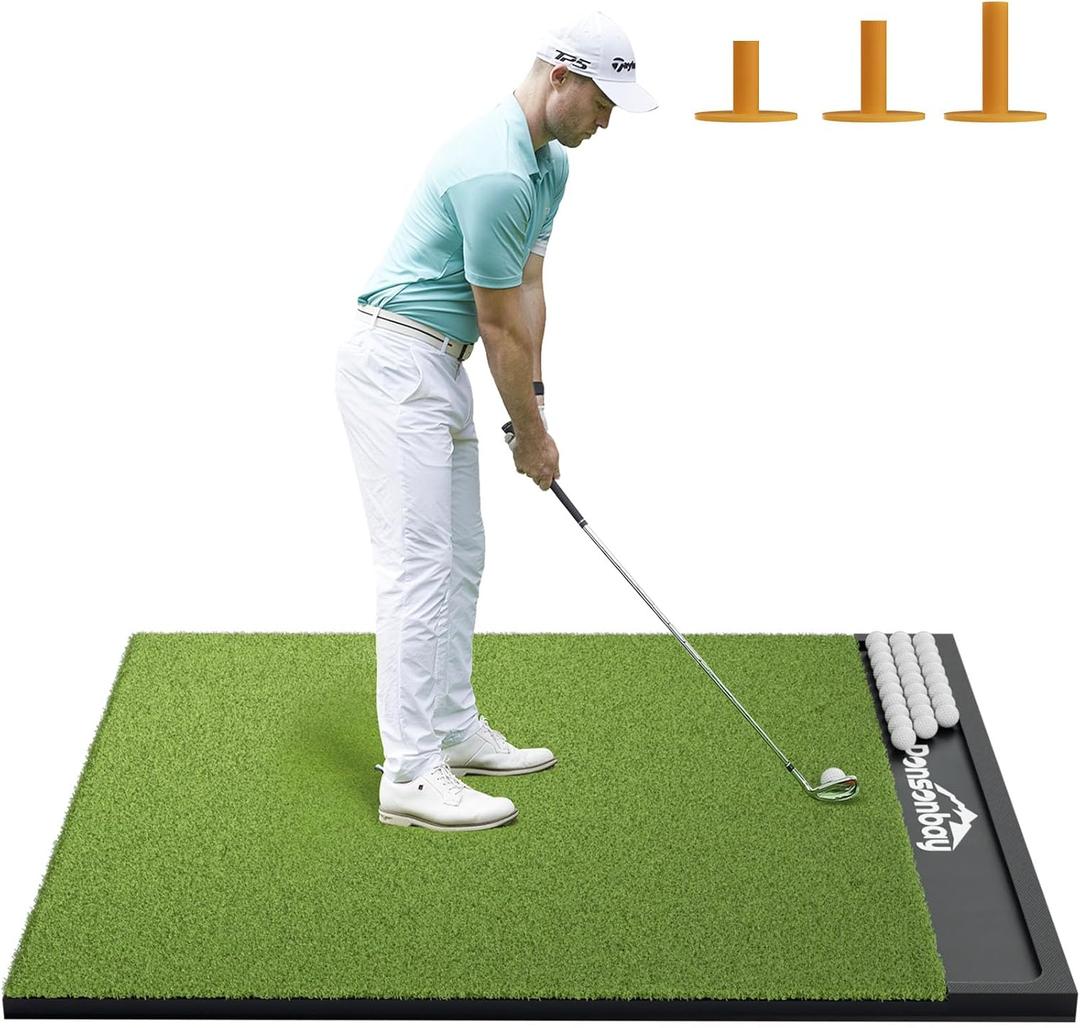 Integrated 5 x 4 ft, 1.02 in (Large) Golf Mat with Ball Tray, Thickening Golf Mats Practice Outdoor & Indoor Artificial Turf Matt with 3 Tees