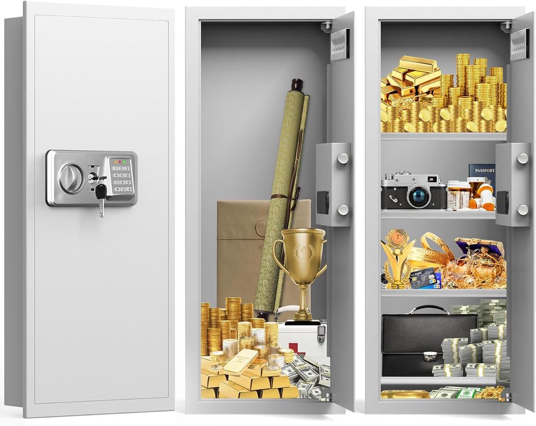 White 33.46" Tall Sturdy Wall Safes Between the Studs 16" Centers, Fireproof in Wall Safe with Removable Shelf, Combination Lock Hidden Safe for Money Jewelry Passport Documents