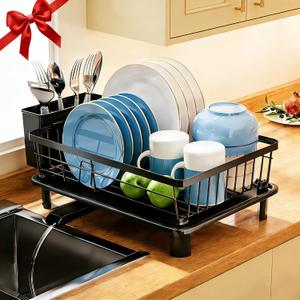 Dish Drying Rack, Stainless Steel Space-Saving Dish Rack, Dish Racks for Kitchen Counter, Kitchen Dish Drainers with Removable Utensil Holder,New Drain Outlet,Plate Rack and Drainboard, Black (1 Tier-black)