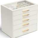 Vlando 5 Layer Jewelry Box for Women, Glass Lid Jewelry Organizer with 5 Drawers for Necklaces Rings Earrings Bracelets - Cloud White