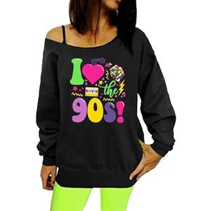 AMWIPE 90s Outfit for Women Sexy Off The Shoulder Sweatshirt I Love The 90's Shirt Oversized Long Sleeve Pullover Top XL