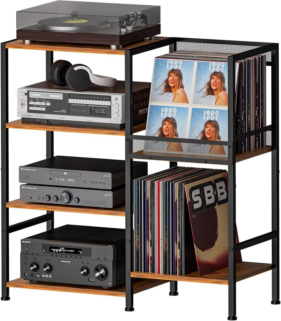 Record Player Stand Table with Vinyl Record Storage Holder-Up to 200+ Albums, Small Media Cabinet Console Table Stereo Stand Tower, Audio Video Shelving/Turntable Stand Shelf for Entertainment Center