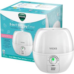 Vicks Humidifier 3-in-1 SleepyTime Cool Mist Humidifier for Nursery, White
Small humidifier with night light and diffuser, filter free, helps provide more comfortable sleep with low-noise operation
