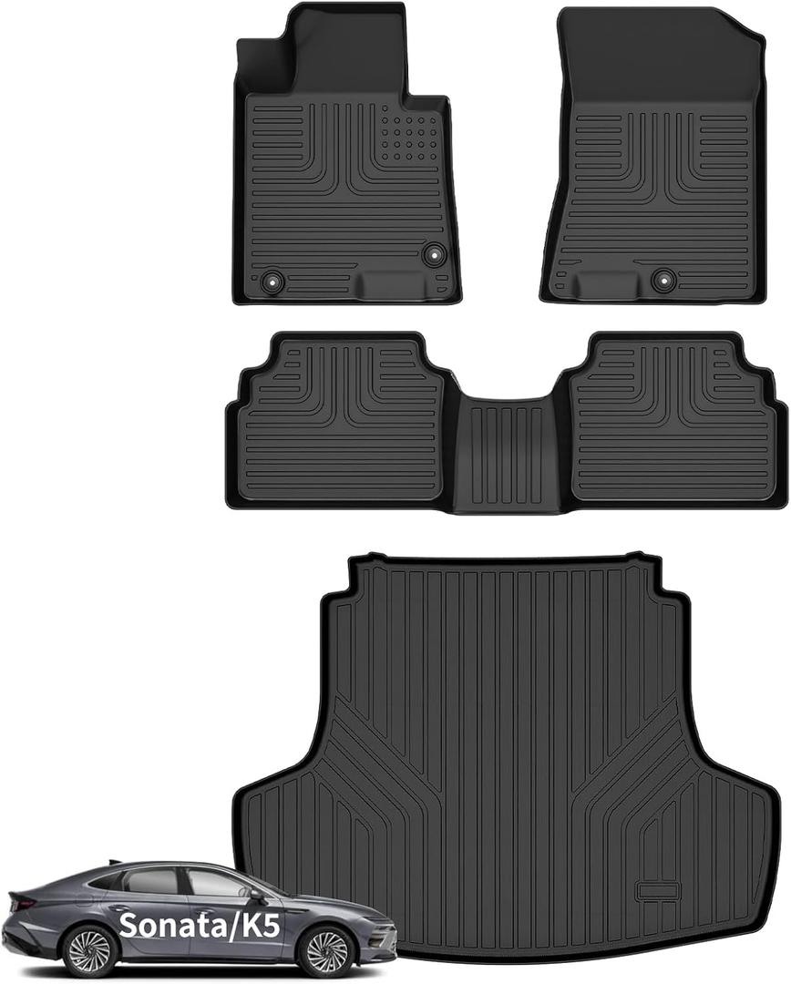 Wayhigh-for Kia K5 2021-2025 (Only FWD Models) or for Hyundai Sonata/Sonata Hybrid 2020-2025 All Weather Floor Mats and Cargo Liner Set TPE Car Mats Waterproof Anti-Slip Floor Liners Accessories