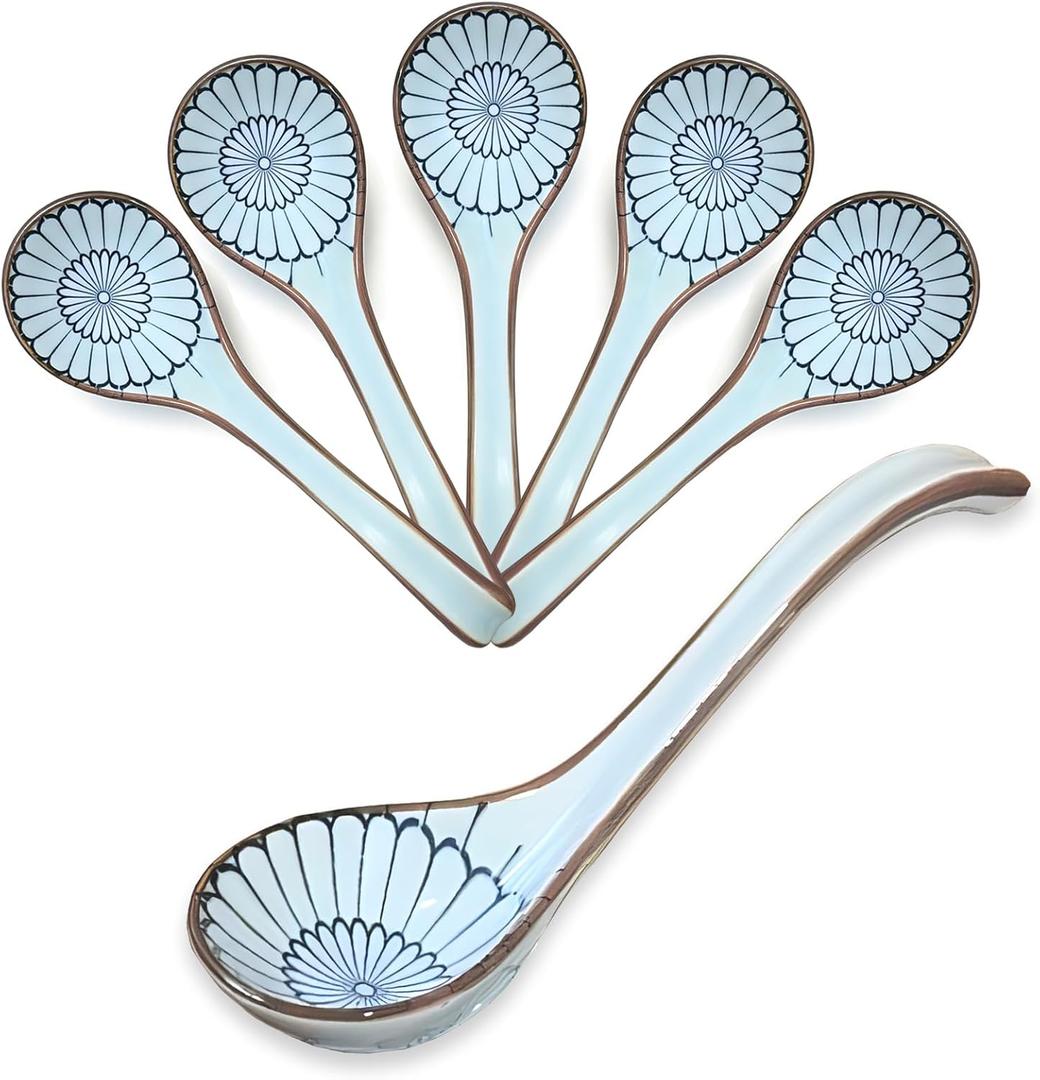 6PCS Asian Ceramic Soup Spoons, with Long Handle and Deep Bottom, for Ramen, Wonton, Dumpling, Noodle