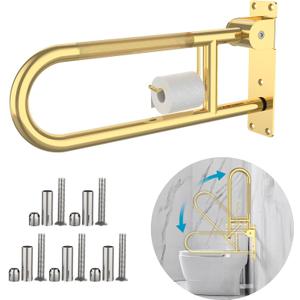 Toilet Grab Bar 22.4 Inch Gold, Munzong Anti-Slip Handicap Grab Bars with Paper Holder, Flip-Up Bathroom Safety Rails, Stainless Steel Knurled Support handrails for Seniors Elderly Disabled Pregnant