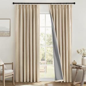 MIULEE Linen Pinch Pleated 100% Blackout Curtains for Bedroom 96 Inch Long 2 Panels Set - Back Tab Track Black Out Curtain for Living Room Darkening Triple Pleat Drapes with Hooks, Oatmeal
