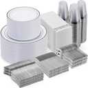 Goodluck 700 Pieces Silver Dinnerware Set for 100 Guests, Disposable Plastic Plates for Party, Include: 100 Dinner Plates, 100 Dessert Plates, 100 Paper Napkins, 100 Cups, 100 Silverware set