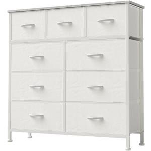 DUMOS Dresser for Bedroom, Storage Organizer with 9 Drawers, Chest of Drawers with Fabric Bins, Sturdy Metal Frame, Wood Tabletop for Guest Room, Closet, Entryway, White