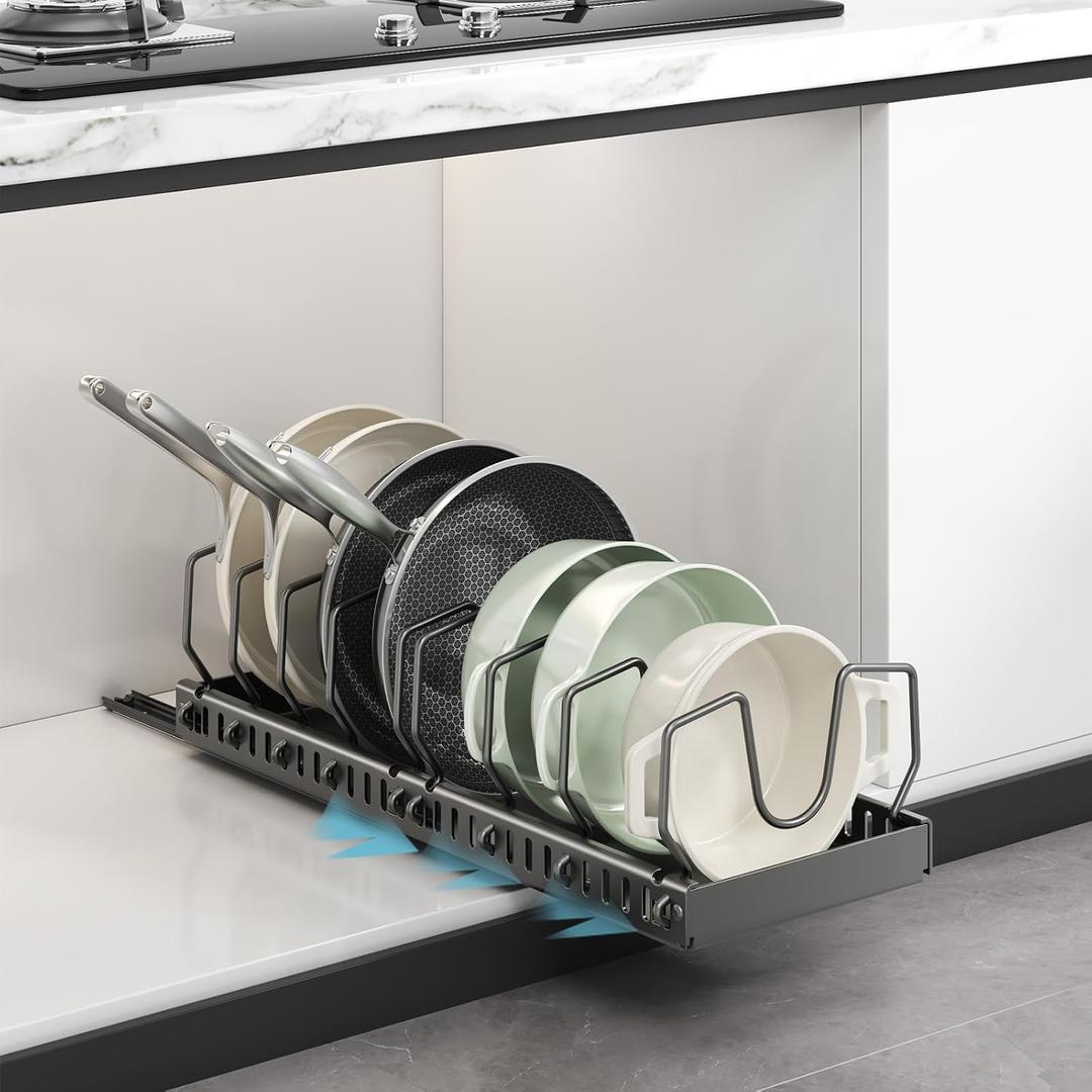 Pots and Pans Organizer Under Cabinet, Pull Out Pots and Pans Organizer, Expandable Sliding Lid Holder and Pan Rack for Pot Lid, Bakeware, Dishes, 10 Adjustable Dividers (Black)