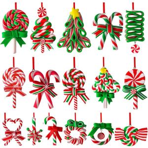 16 Pieces Christmas Candy Cane Ornaments, Decorative Colorful Mini Candy Cane Hanging Ornaments Polymer Clay Christmas Mint Pendants for Party Home Decoration