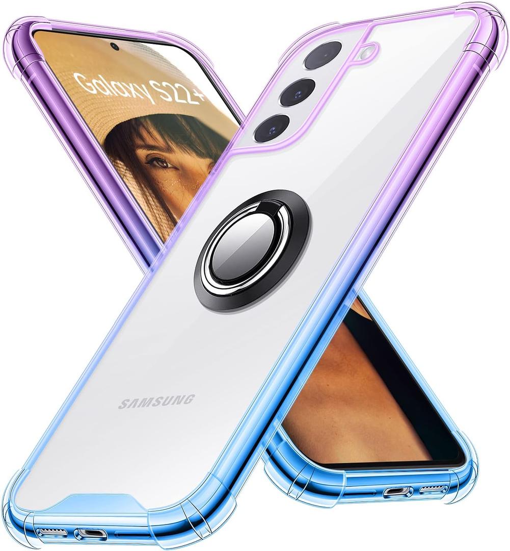 Ring Holder Series Case Designed for Samsung Galaxy S22 Plus 5G, Clear Cute Slim Colorful Silicone Bumper Protective Cover Support Magnetic Car Phone Mount. (Blue Purple)
