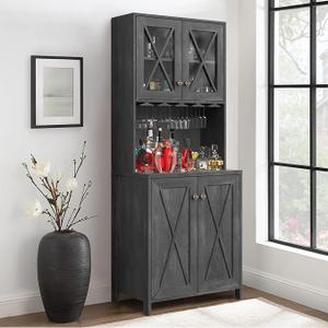 YITAHOME Farmhouse Bar Cabinet, 67 Inch Tall Home Wine Bar Cabinets with Wine Glass Rack, Open Storage Shelves with Glass Doors for Living Room