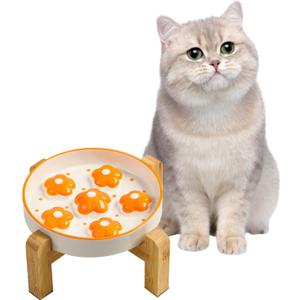Elevated Slow Feeder Cat Bowl - Maze Puzzle Cat Food Dish with Bamboo Stand, Anti-Slip - Raised Base for Comfortable Eating - 6 OZ - Bright Orange Flower