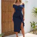 Women's Off the Shoulder Formal Evening Midi Dress Built-in Bra Bodycon Ruched Slit Elegant Holiday Cocktail Party (L)