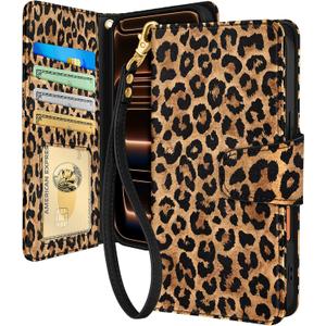 Toycamp for iPhone 17 Pro Wallet Case with Wrist Strap - Leather Flip Folio Phone Case with RFID Blocking 4 Card Holder for Apple for iPhone 17 Pro Funda Cute Aesthetic for Women Ladies, Leopard Print