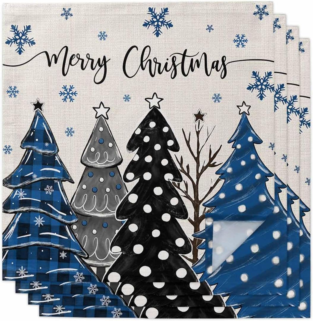 4pcs Cloth Napkins,Merry Christmas Tree Blue Check Reusable Dinner Napkin Washable Soft Kitchen Napkins,Winter Snowflake Retro Linen Absorbent Cloth Napkin for Holiday Party Wedding (20" x 20" (Set of 4))