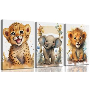 HKMXCD 3Pcs Baby Safari Animal Canvas Wall Art Jungle Watercolor Animal Wall Decor Picture Lovely Painting Artwork Kids Room Prints for Boy Girl Room Home decoration 16x24in