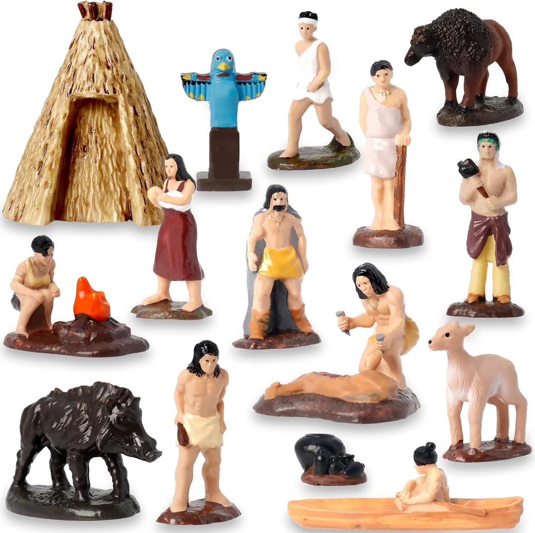 Hiawbon 15Pcs American Indian Figurines Set, Miniature Indian Figurines with Accessories, Resin American Indians Figures Play Figure Playsets for 3+ Years Old
