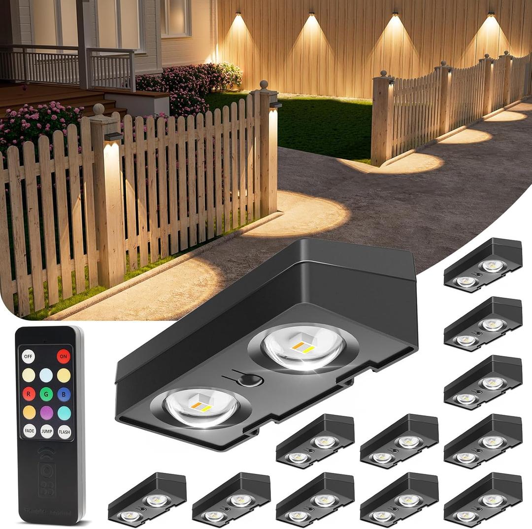 VOLISUN Solar Fence Lights with Remote Control, 50 Lumen LED Fence Lights Solar Powered, IP65 Waterproof, 10 RGB Color Long-Lasting Solar Lights for Backyard Garden Deck Patio Railing (12 Pack) Only 6
