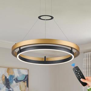 Benkut Modern LED Chandelier Black Gold Dimmable Circular LED Pendant Light with Remote Ring Chandelier Dining Room Light Fixtures for Kitchen Island Living Room Entryway, D23.6