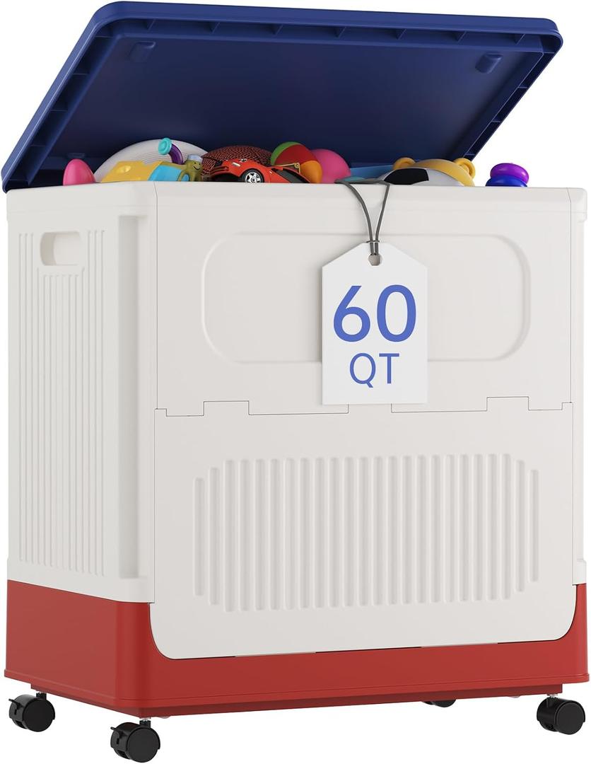 HAIXIN Storage Bin with Lid - 60 QT Plastic Storage Box with Wheels 14.8 Gal Flip-top Organizer for Clothes Large Toy Chest with Animal Stickers for Kids, White Bin with Blue Lid and Red Base