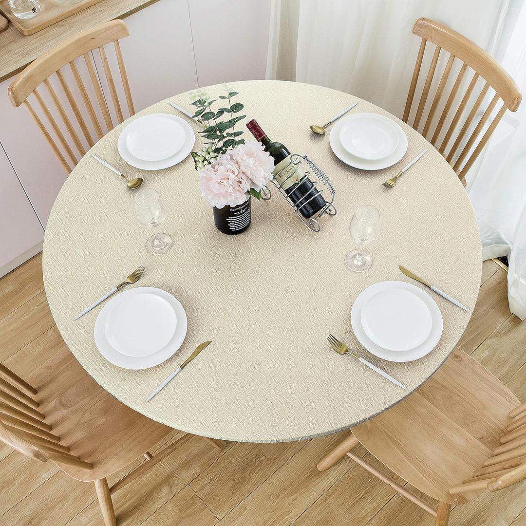 NLMUVW Round Vinyl Tablecloth with Elastic Edge, 100% Waterproof Fitted PVC Table Cloth Wipe Clean Oil Proof Table Cover for Indoor and Outdoor, Champagne, 45"- 56"